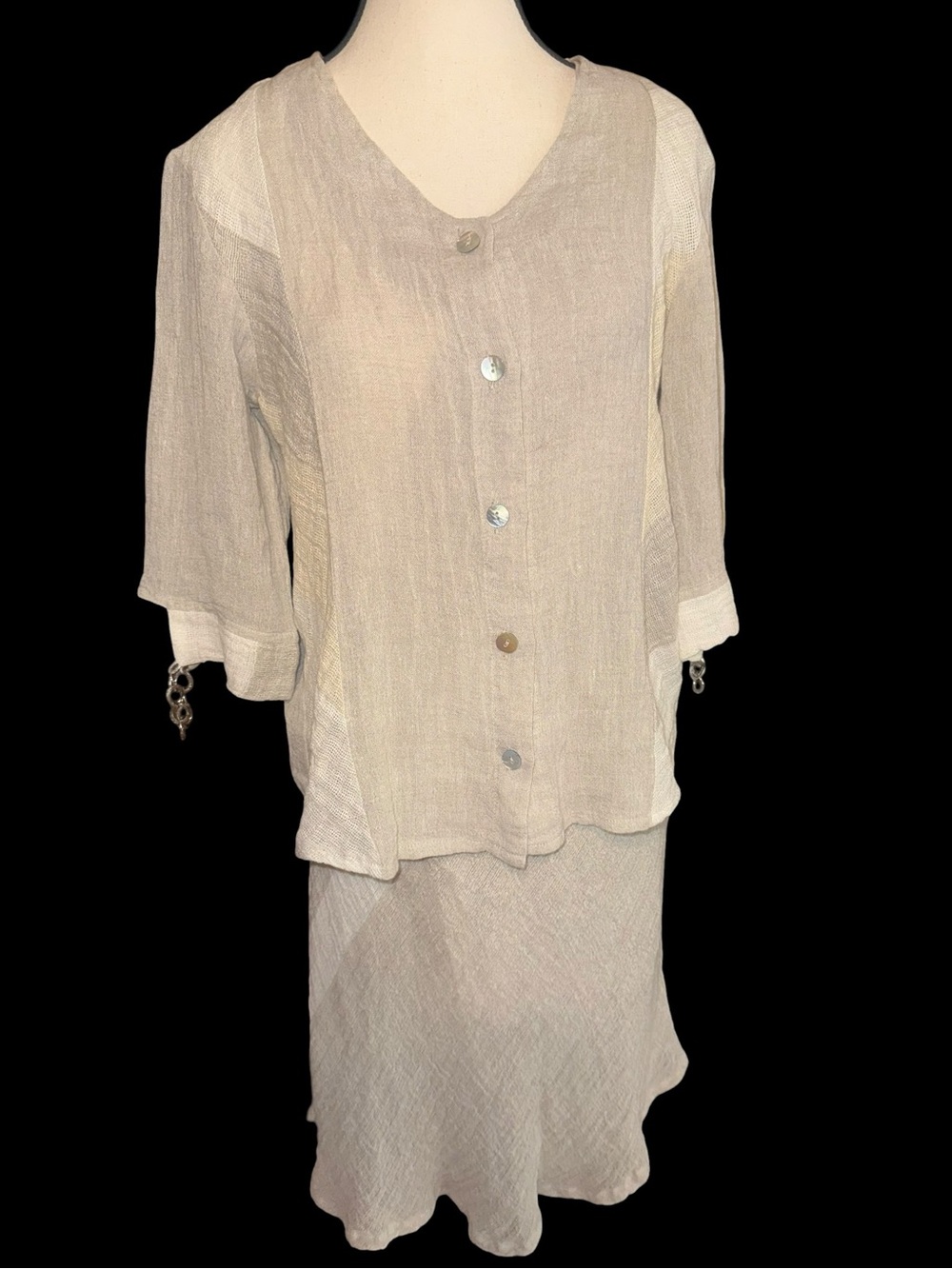 Marilu Italy 2 Pc Linen Skirt Suit S Beige Flax Lagenlook Resort Shell Buttons